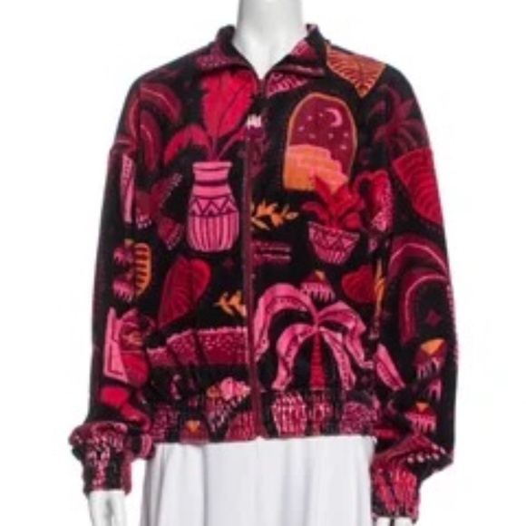 FARM RIO Black Tropical Magic Plush Velvet Bomber Jacket Back Pink S - Picture 11 of 11